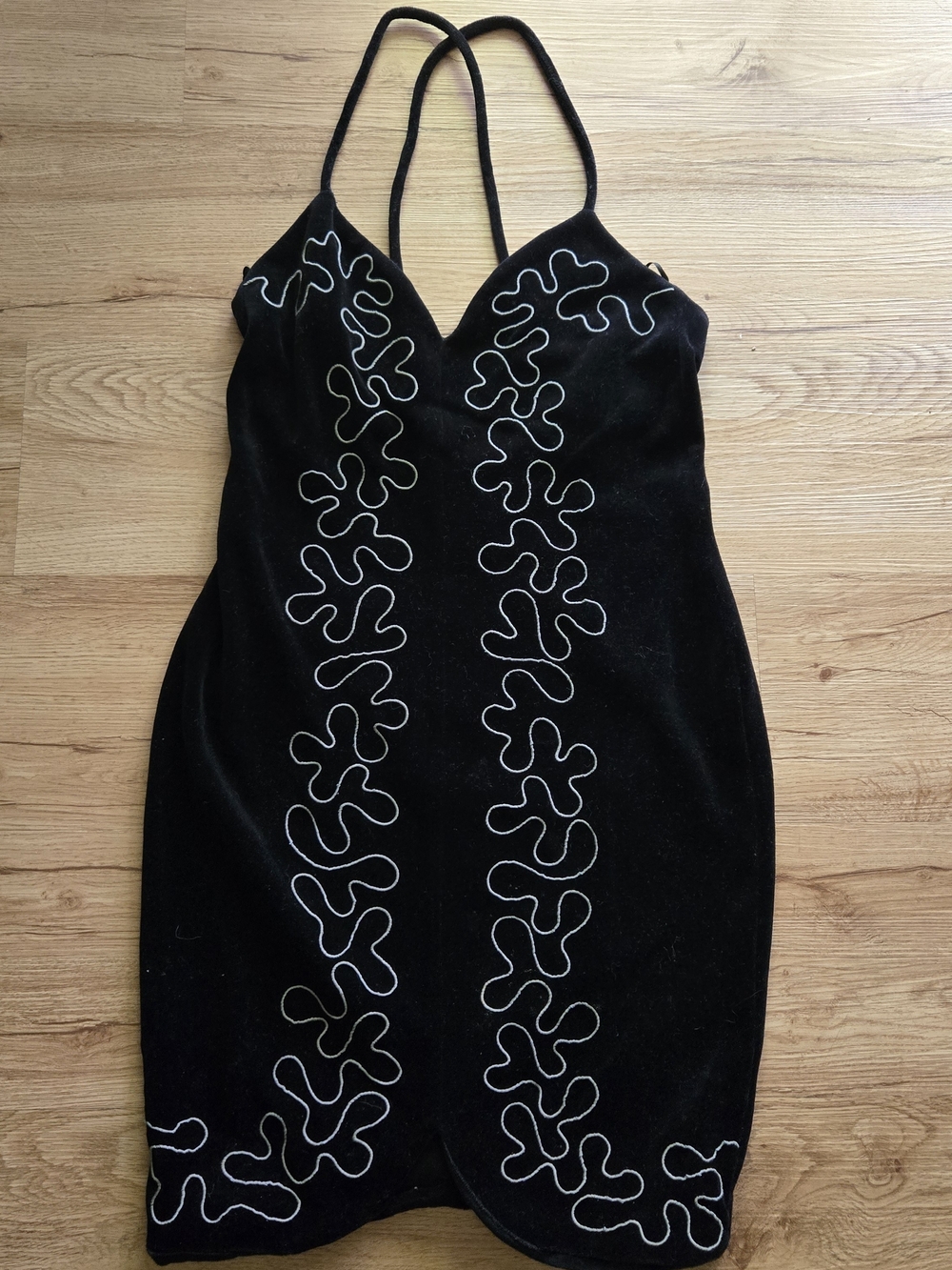 Vintage 90's Wallis Black Velvet Mini Dress with White Embroidery Cross Back 12